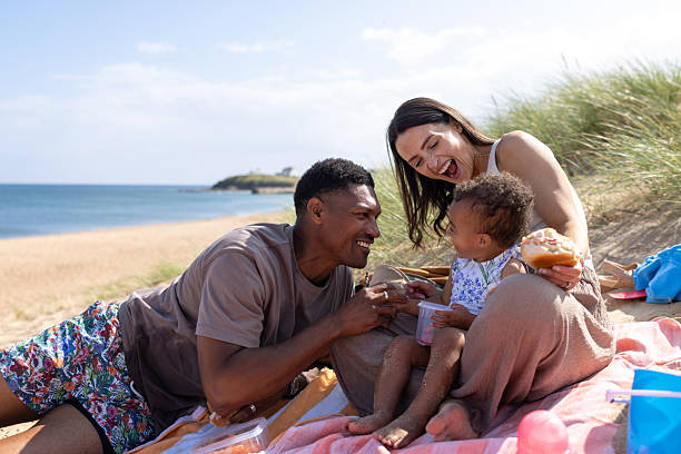 A medium shot of a joyful family enjoying a relaxing beach picnic on a sunny summer day. The young parents sit on a colourful blanket with their toddler, surrounded by beach toys and picnic items. The father holds food for the child while the mother watches with a loving smile. 

Videos are available similar to this scenario.
