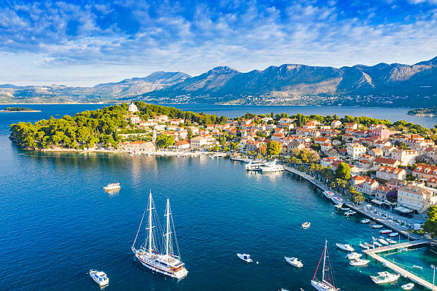 Panoramic view of town of Cavtat, south Dalmatia, Croatia, popular tourist destination